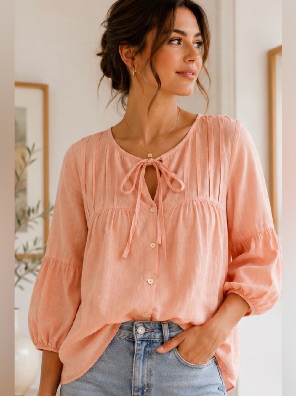 Mango Blush Pink Linen Blend Puff Sleeve Blouse Tie Neck Romantic Top Size 10